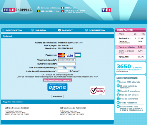 Page de paiement de télé shopping