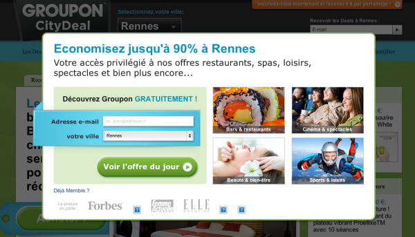 Accueil du nouveau venu sur Groupon